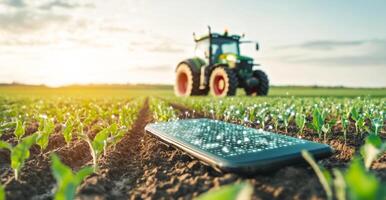 A smartphone lies on the ground among young crops while a tractor works in the background. This scene illustrates the integration of smart technology in modern farming practices during sunset. photo