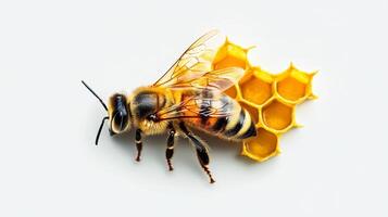 A close-up of a honeybee perched on vibrant honeycomb reveals the intricate structure created by these essential pollinators. Observing bees is vital for organic farming and sustainability. photo