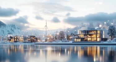 Modern homes are positioned by a serene lake in a winter setting, showcasing eco-friendly designs. Wind turbines stand tall in the background, harnessing renewable energy amidst snow-covered trees. photo