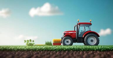 A red tractor plows through a vibrant green field, showcasing advanced farming techniques. The sun shines brightly above, creating a perfect atmosphere for agricultural work on a smart farm. photo