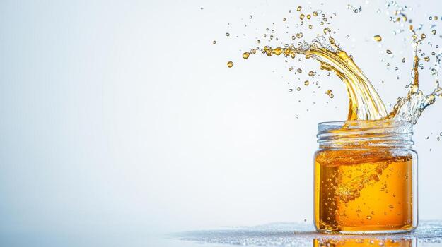 Vivid splashes of liquid honey erupt from a clear jar, creating a dynamic visual display. The background is bright and simple, enhancing the movement and texture of the honey droplets. photo