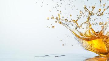 Golden honey splashes in a captivating display of liquid dynamics, creating a beautiful interplay of light and reflections on a smooth surface during a well-lit moment. photo