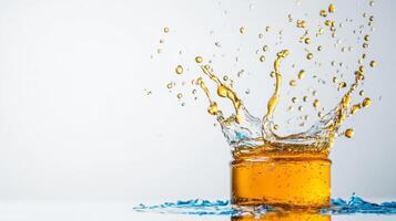 A cluster of honey splashes breaks the surface tension of clear liquid, forming dynamic droplets. The smooth backdrop enhances the vibrant colors, showcasing a beautiful moment of liquid motion. photo