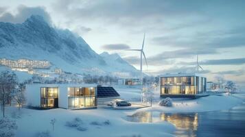Modern buildings surrounded by snow stand amidst mountainous terrain. Solar panels and wind turbines indicate the use of renewable energy, promoting eco-friendly living in a serene environment. photo