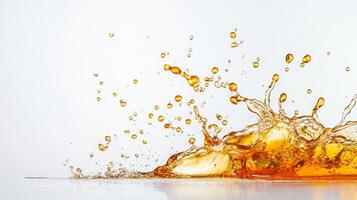 Golden honey splashes against a smooth surface, creating an eye-catching display of droplets and liquid movement. The brightness and fluidity capture the natural beauty of this sweet substance. photo