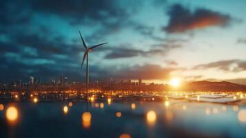 A wind turbine stands tall beside a calm sea as the sun rises, illuminating a coastal city skyline. The scene depicts the harmony between nature and renewable energy sources during dawn. photo