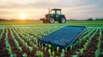 Farmers utilize smart devices to monitor and optimize crop growth as the sun sets over green fields. A tractor is visible in the background, symbolizing modern agricultural techniques. photo