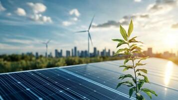 Sunlight shines on solar panels and a young plant, highlighting the fusion of renewable energy and nature in a modern city. Wind turbines spin in the background, promoting clean energy. photo