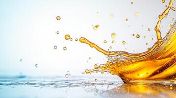 Golden honey splashes dynamically across a smooth surface, capturing light and creating an enchanting display of droplets. The scene showcases the beauty of liquid movement and texture. photo
