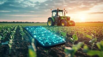 A smartphone rests on freshly tilled soil in a field, showcasing digital connectivity. In the background, a tractor works diligently as the sun sets, illuminating the landscape with a warm glow. photo