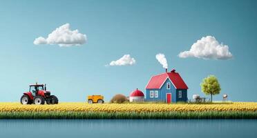 Bright fields showcase the fusion of traditional farming and smart technology. A red tractor and yellow vehicle work alongside a charming blue house under a clear blue sky and fluffy clouds. photo