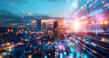 A vibrant urban skyline showcases modern architecture under a twilight sky. Streams of colorful light symbolize energy and ecological progress, reflecting a future powered by sustainable practices. photo