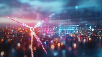 A wind turbine captures energy as the sun sets behind a bustling urban landscape. Colorful lights illuminate the skyline, creating a stunning display of renewable energy and innovation. photo