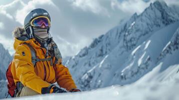 A skier dressed in a bright yellow jacket and goggles sits on a snowy slope, gazing at majestic snow covered mountains while preparing for a thrilling descent in winter conditions. photo