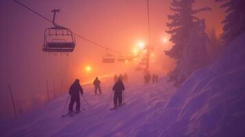 Skiers glide down snowy terrain as fog envelops the slopes at a mountain resort, illuminated by soft lights from nearby ski lifts during evening hours. photo