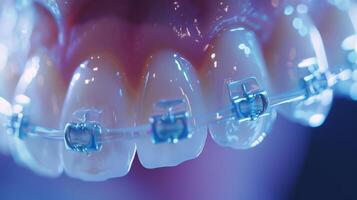 Dental braces are clearly visible on an orthodontic model of teeth in a clinic, highlighting their structure and the materials used during a routine check up. photo