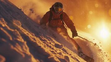 A skier navigates through powdery snow on a mountain slope as the sun sets, illuminating the scene with warm, golden hues and creating a thrilling atmosphere. photo
