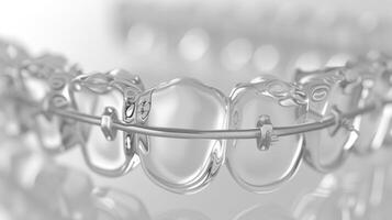 A set of clear dental braces is displayed prominently, demonstrating their function in aligning teeth during a professional orthodontic appointment. photo