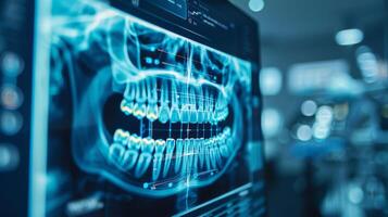 A dental x ray reveals the alignment and condition of teeth and jaw, taken in a contemporary clinic. The image aids in diagnosing oral health during a patient check up. photo