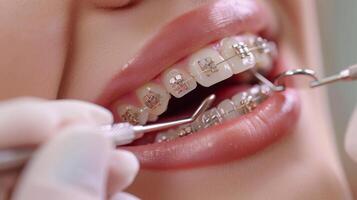 A dental professional is adjusting braces during an orthodontic appointment. The patient, sitting calmly, has their mouth open while tools are being used to ensure correct alignment. photo