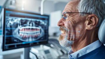 A senior man smiles while sitting in a dental chair, with a digital screen displaying an advanced dental X ray behind him, showcasing detailed images of his teeth and gums. photo