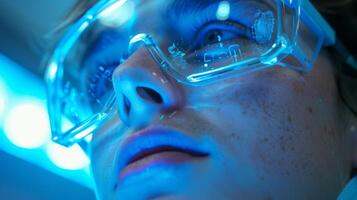 A man with a focused expression wears transparent, futuristic glasses featuring illuminated details. Blue light enhances the ambiance around him in a modern tech setting. photo