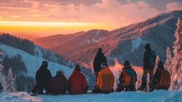 A group of individuals sits on a snowy slope, admiring a colorful sunset above the mountains. The sky is filled with hues of orange and pink, creating a breathtaking view. photo