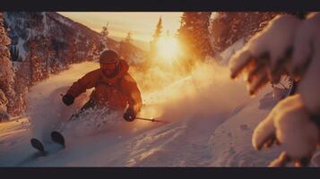 A skier expertly carves through fresh snow on a mountain slope, illuminated by the glowing sunset. Surrounding trees create a picturesque winter backdrop. photo