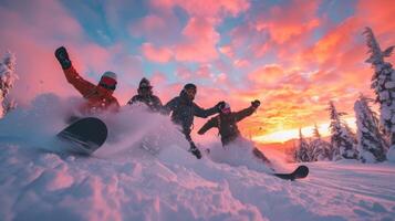 Four friends are having fun snowboarding down a snowy slope during sunset, surrounded by tall trees and vibrant clouds creating a breathtaking backdrop in a winter landscape photo