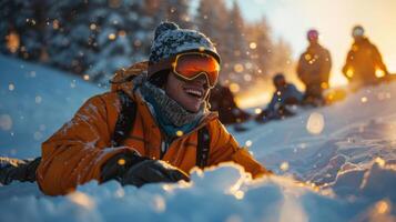 A group of friends experiences joy and excitement while playing in fresh snow at a mountain resort, perfect weather contributing to an enjoyable winter day outdoors. photo