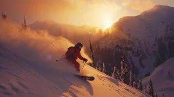 A skier expertly maneuvers through deep snow on a mountainous slope as the sun sets, casting a warm glow on the winter landscape and creating a magical atmosphere. photo