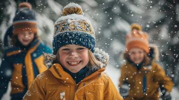 A group of children, bundled in warm winter clothing, enjoy playing together in a snowy forest. They are smiling and laughing, surrounded by gently falling snowflakes. photo