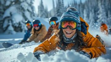 Group of friends joyfully lying in fresh snow while snowboarding at a mountain. Bright winter sun shines through tall pine trees, enhancing the cheerful atmosphere. photo