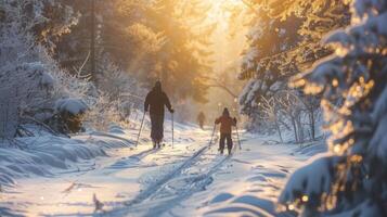 A family enjoys cross country skiing on a snow covered trail surrounded by trees, basking in the warm glow of the setting sun in a tranquil winter environment. photo