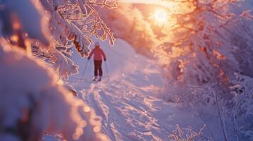 A skier navigates a snowy trail surrounded by frosty trees as the sun sets, casting a warm glow on the winter landscape and creating a tranquil atmosphere. photo