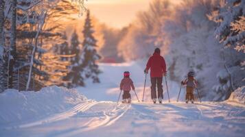 Two children and an adult ski along a snow covered path during a serene winter afternoon, with sunlight filtering through frosty trees. photo