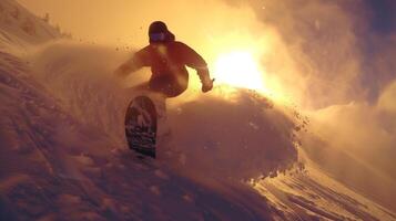 A snowboarder navigates through deep powder snow while executing a dynamic trick. The warm glow of the setting sun creates a beautiful backdrop for this thrilling winter activity. photo