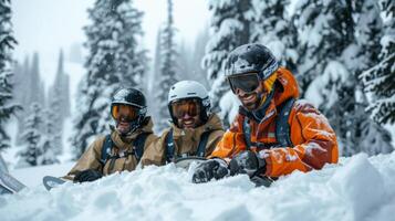 Three friends relax in deep snow after snowboarding, laughing and enjoying the winter atmosphere, with heavy snow and tall trees creating a picturesque backdrop. photo