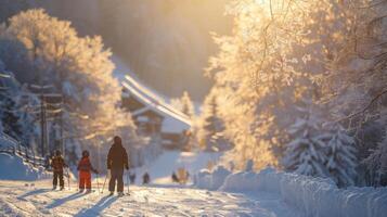 Skiers traverse a snow covered trail as sunlight filters through frosted trees, creating a serene winter atmosphere with distant mountains in view. photo