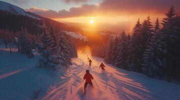 Four skiers carve through untouched snow as the sun sets behind the mountains, creating a breathtaking view filled with warm colors and a serene winter atmosphere. photo
