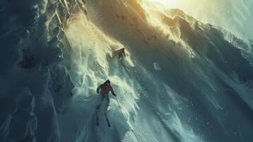 Two skiers glide down a snowy slope, surrounded by majestic mountain peaks under a bright sky. The snow glistens in the sunlight, creating a stunning backdrop. photo
