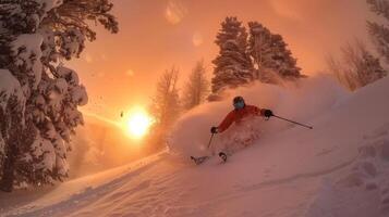 A snowboarder skillfully navigates deep snow as the sun sets, casting a warm glow over a wintry landscape filled with trees and a captivating orange sky photo