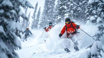Skiers in bright orange gear navigate through deep snow amidst towering trees on a winter day, enjoying the thrill of the cold mountain slopes. photo