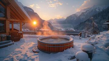 A warm hot spring fills a wooden tub on a snowy terrace as the sun sets behind majestic mountains, casting a serene glow and creating a tranquil winter escape. photo