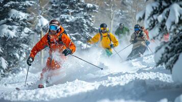 A group of enthusiastic skiers glides through pristine snow on a sunny winter day, showcasing their skills in a beautiful mountain landscape surrounded by trees. photo