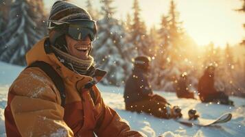 A group of friends relaxes on a snowy mountain slope, basking in the winter sunlight. One snowboarder smiles brightly while dressed warmly, surrounded by pine trees. photo