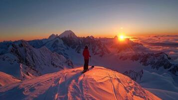 A skier stands on a snowy summit, gazing at the vibrant sunset casting golden hues over rugged mountain peaks, showcasing the beauty of winter nature. photo