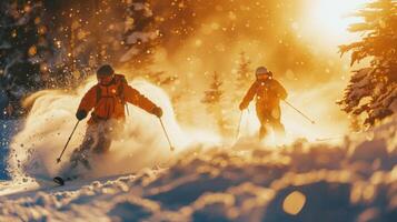 Two skiers descend a snowy slope, kicking up powder snow against a glowing sunset backdrop. Tall trees frame the vibrant sky, creating a serene atmosphere. photo