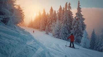 Skiers navigate down a snowy trail amidst towering pine trees as the sun sets, casting a warm glow over the winter wonderland in a peaceful area. photo