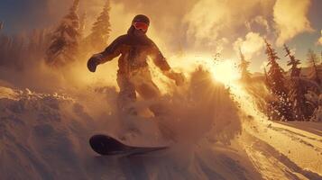 A snowboarder maneuvers through pristine snow, creating a spray of powder against a vibrant sunset backdrop. Tall trees frame the scene, enhancing the winter wonderland. photo